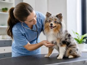 Veterinarian examining a small fluffy merle dog on an exam table