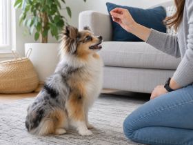 Fluffy small dog sitting attentively in front of a person holding a treat
