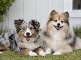 A small merle herding-type dog lying in grass beside a fluffier spitz-type mixed dog