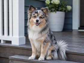 Small merle-coated dog with a plumed tail sitting on a wooden porch step